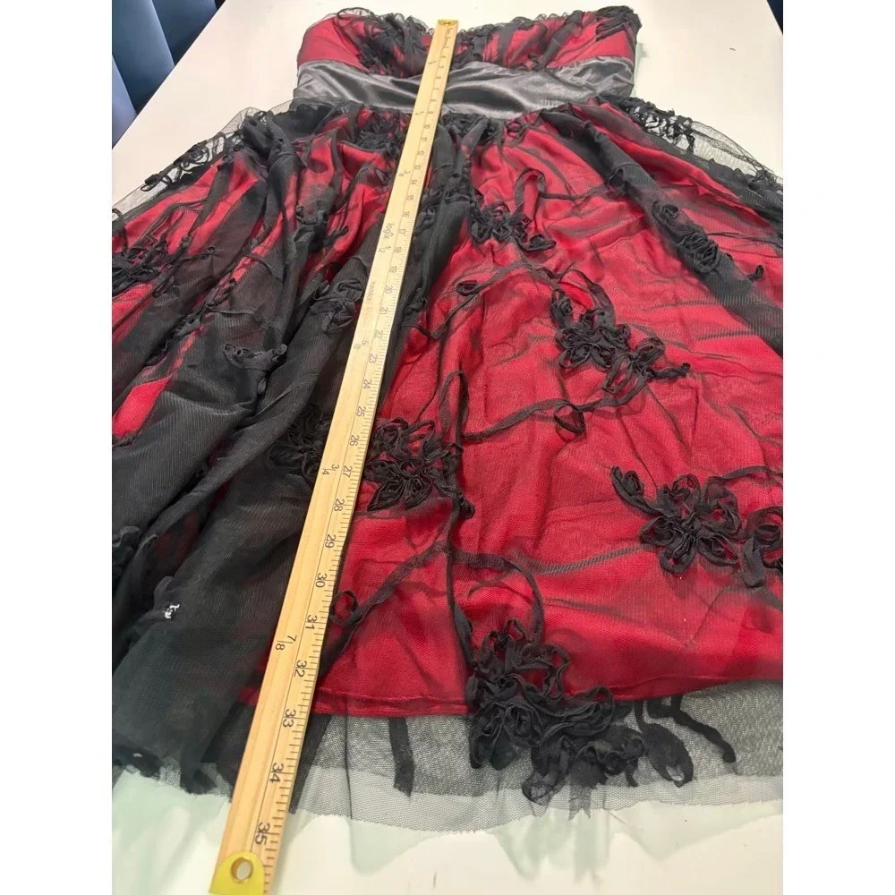 NEW Strapless Dress Juniors 11/12 Red Black‎ Mesh Embroidery Goth Dark Romance